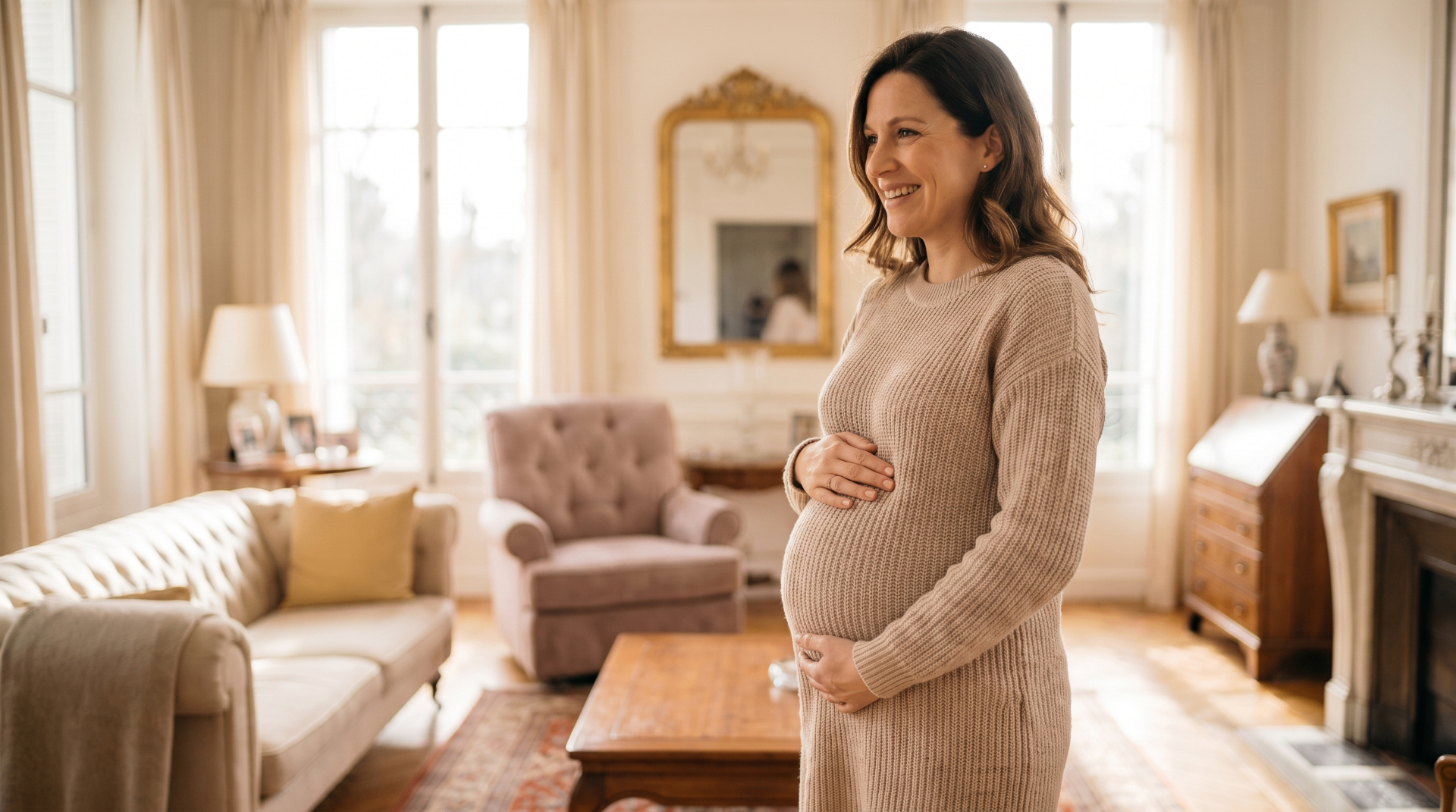 Expectant mother holding her belly in a sunlit living room